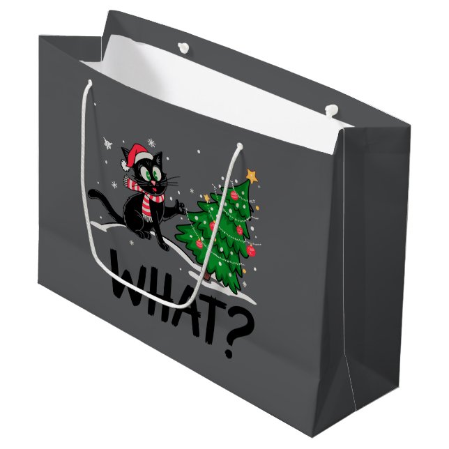 Funny Black Cat Pushing Christmas Tree Cat What? Large Gift Bag (Front Angled)