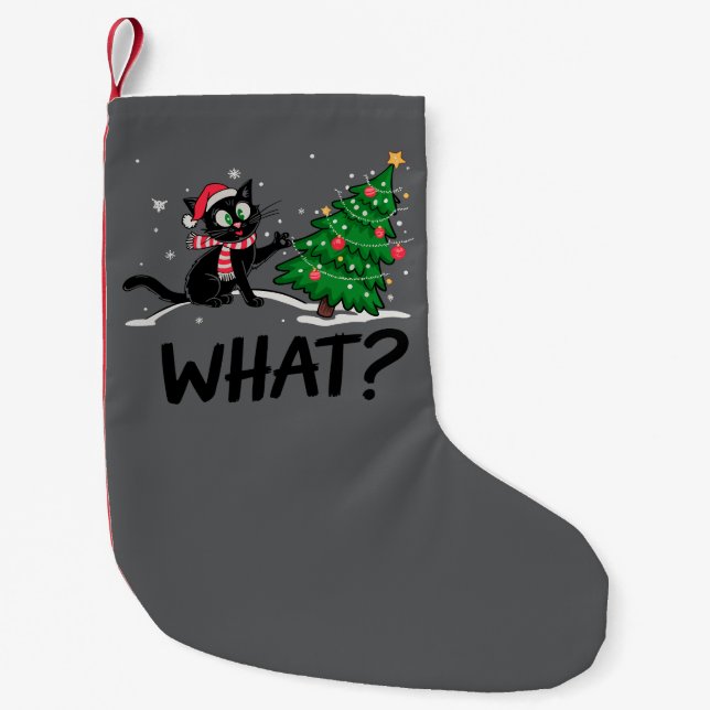Funny Black Cat Pushing Christmas Tree Cat What? Small Christmas Stocking (Front)