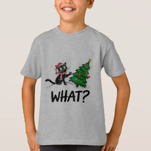 Funny Black Cat Pushing Christmas Tree Cat What? T-Shirt
