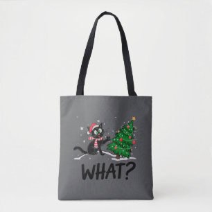 Funny Black Cat Pushing Christmas Tree Cat What? Tote Bag