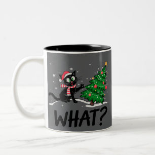 Funny Black Cat Pushing Christmas Tree Cat What? Two-Tone Coffee Mug