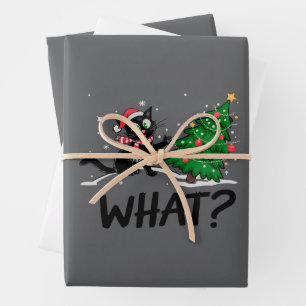 Funny Black Cat Pushing Christmas Tree Cat What? Wrapping Paper Sheet