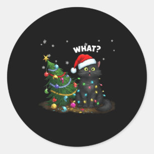 Funny Black Cat Pushing Christmas Tree Classic Round Sticker
