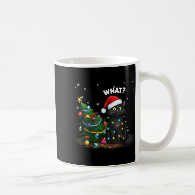 Funny Black Cat Pushing Christmas Tree  Coffee Mug (Right)