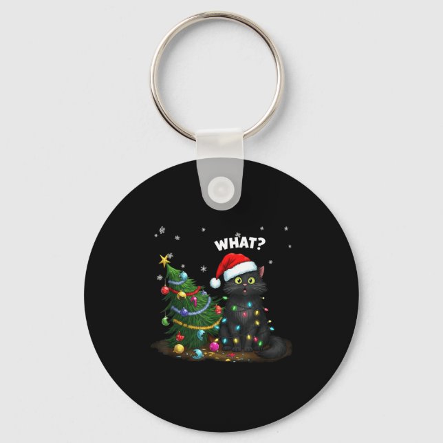 Funny Black Cat Pushing Christmas Tree  Key Ring (Front)