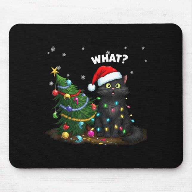 Funny Black Cat Pushing Christmas Tree  Mouse Mat (Front)