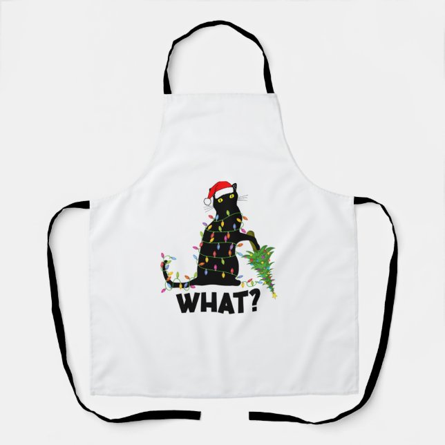 Funny Black Cat Pushing Christmas Tree Over Cat Ch Apron (Front)