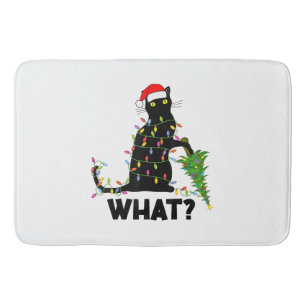 Funny Black Cat Pushing Christmas Tree Over Cat Ch Bath Mat