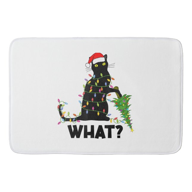 Funny Black Cat Pushing Christmas Tree Over Cat Ch Bath Mat (Front)