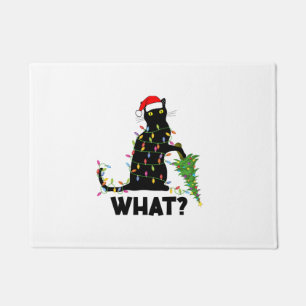 Funny Black Cat Pushing Christmas Tree Over Cat Ch Doormat