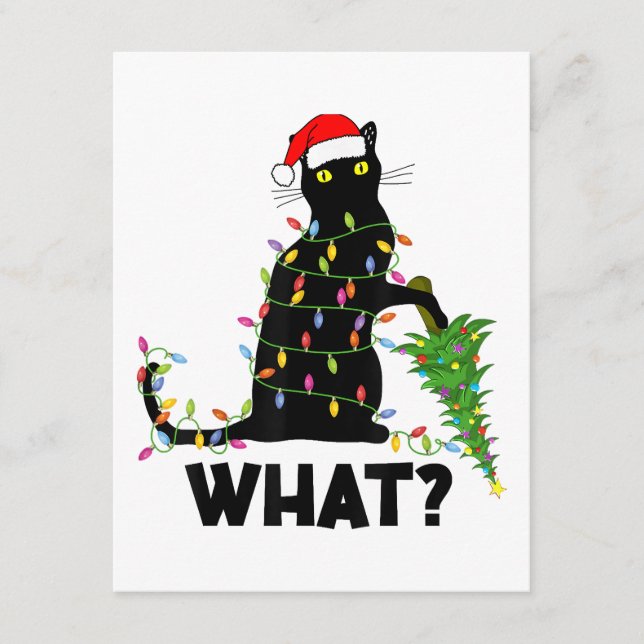Funny Black Cat Pushing Christmas Tree Over Cat Ch Enclosure Card (Front)
