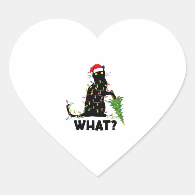 Funny Black Cat Pushing Christmas Tree Over Cat Ch Heart Sticker (Front)