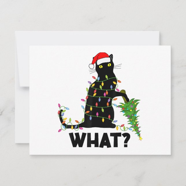 Funny Black Cat Pushing Christmas Tree Over Cat Ch Holiday Card (Front)