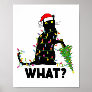 Funny Black Cat Pushing Christmas Tree Over Cat Ch Poster