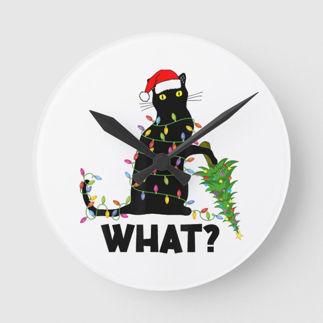 Funny Black Cat Pushing Christmas Tree Over Cat Ch Round Clock (Front)