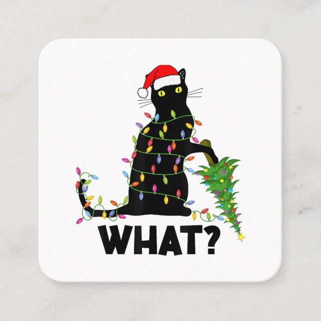 Funny Black Cat Pushing Christmas Tree Over Cat Ch Square Business Card (Front)