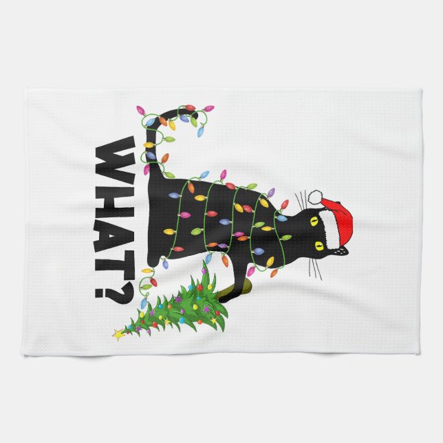Funny Black Cat Pushing Christmas Tree Over Cat Ch Tea Towel (Horizontal)