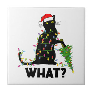 Funny Black Cat Pushing Christmas Tree Over Cat Ch Tile
