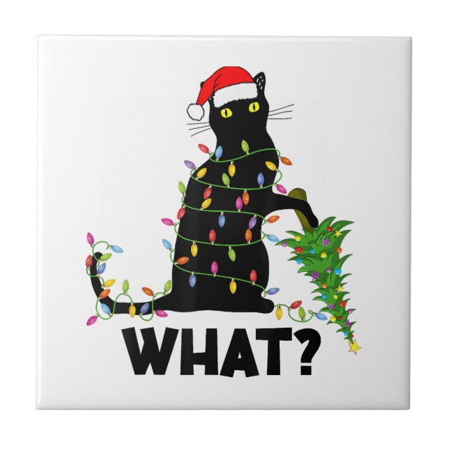 Funny Black Cat Pushing Christmas Tree Over Cat Ch Tile (Front)