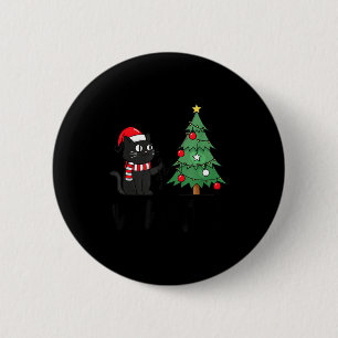 Funny Black Cat Pushing Christmas Tree Over Cat Wh 6 Cm Round Badge