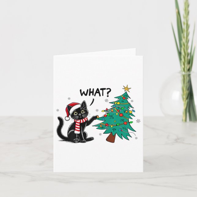 Funny Black Cat Pushing Christmas Tree Over Cat Wh Card (Front)