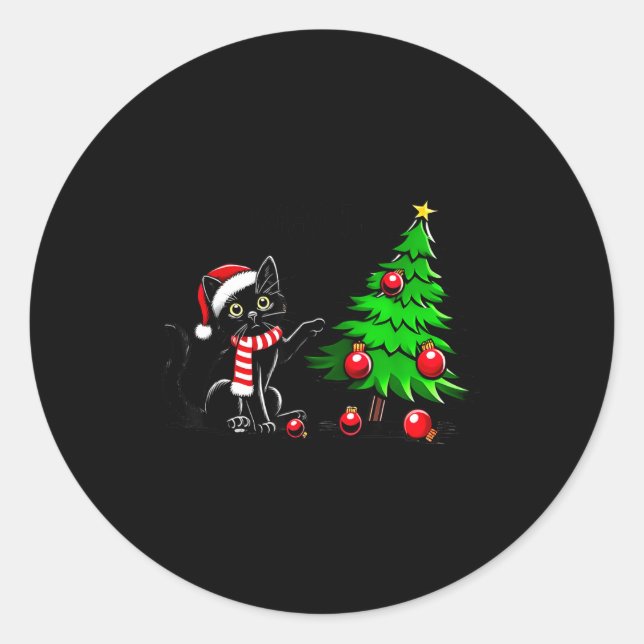 Funny Black Cat Pushing Christmas Tree Over Cat Wh Classic Round Sticker (Front)