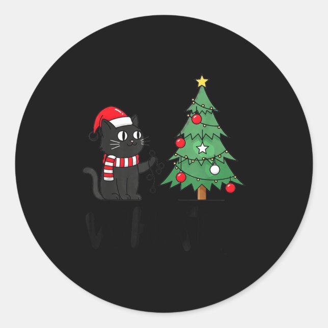 Funny Black Cat Pushing Christmas Tree Over Cat Wh Classic Round Sticker (Front)
