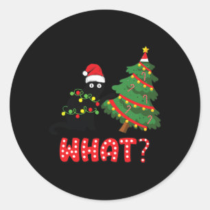 Funny Black Cat Pushing Christmas Tree Over Cat Wh Classic Round Sticker
