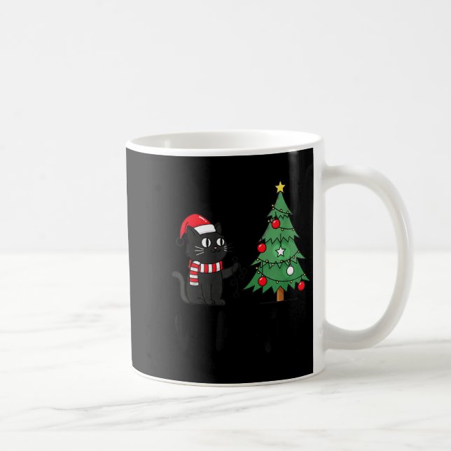 Funny Black Cat Pushing Christmas Tree Over Cat Wh Coffee Mug (Right)
