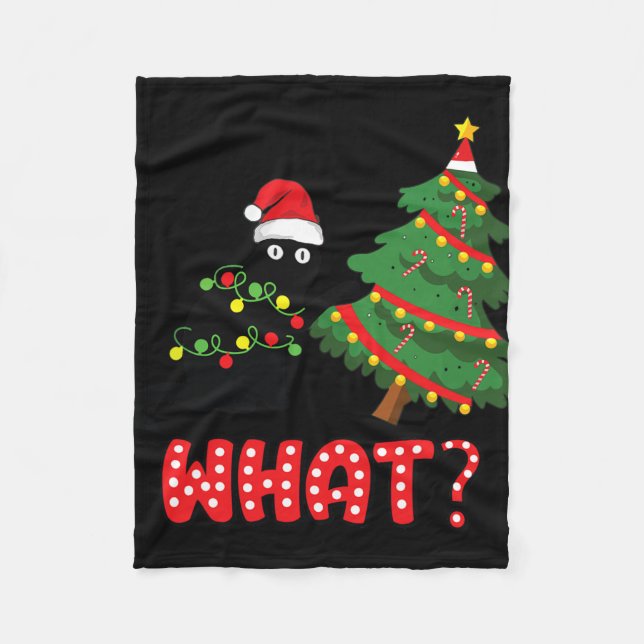 Funny Black Cat Pushing Christmas Tree Over Cat Wh Fleece Blanket (Front)