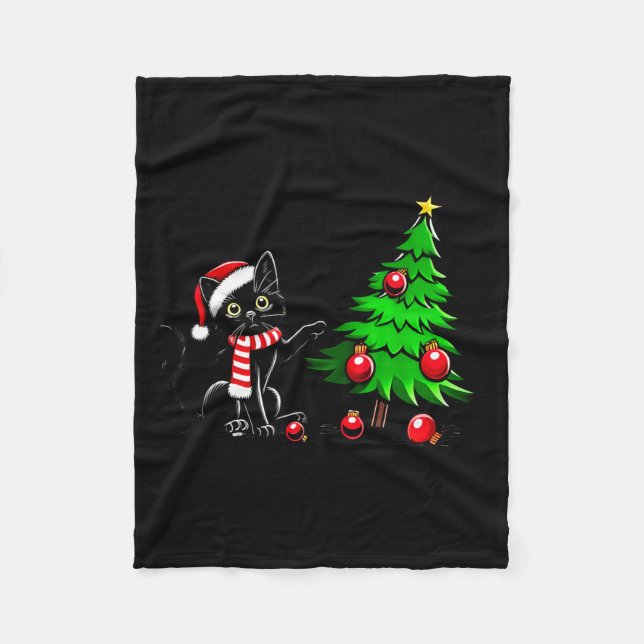 Funny Black Cat Pushing Christmas Tree Over Cat Wh Fleece Blanket (Front)
