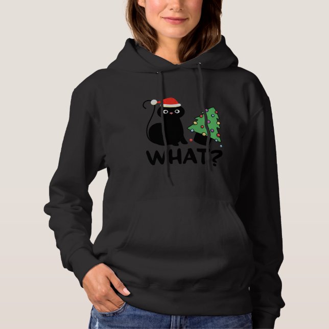Funny Black Cat Pushing Christmas Tree Over Cat Wh Hoodie (Front)