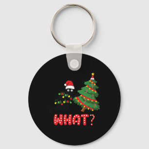 Funny Black Cat Pushing Christmas Tree Over Cat Wh Key Ring