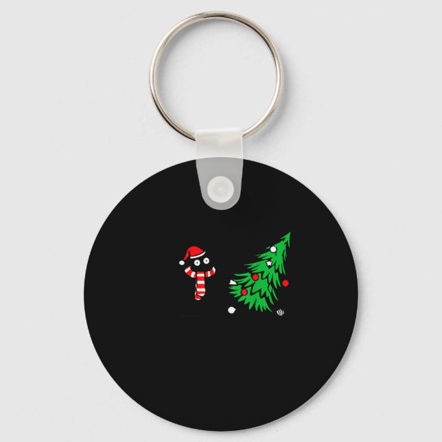 Funny Black Cat Pushing Christmas Tree Over Cat Wh Key Ring (Front)