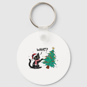 Funny Black Cat Pushing Christmas Tree Over Cat Wh Key Ring