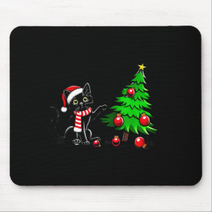 Funny Black Cat Pushing Christmas Tree Over Cat Wh Mouse Mat