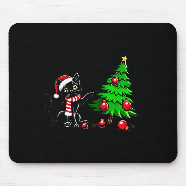 Funny Black Cat Pushing Christmas Tree Over Cat Wh Mouse Mat (Front)