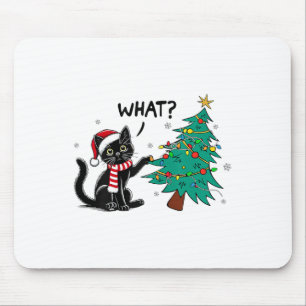 Funny Black Cat Pushing Christmas Tree Over Cat Wh Mouse Mat