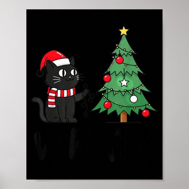 Funny Black Cat Pushing Christmas Tree Over Cat Wh Poster (Front)