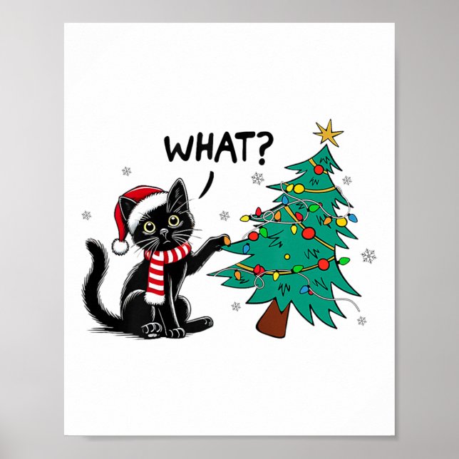 Funny Black Cat Pushing Christmas Tree Over Cat Wh Poster (Front)