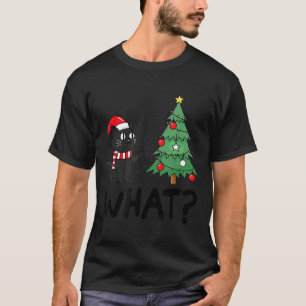 Funny Black Cat Pushing Christmas Tree Over Cat Wh T-Shirt