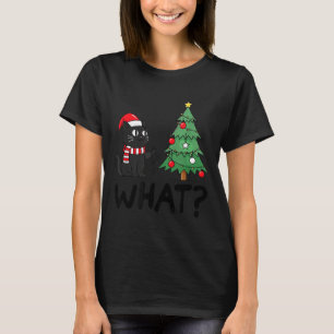 Funny Black Cat Pushing Christmas Tree Over Cat Wh T-Shirt