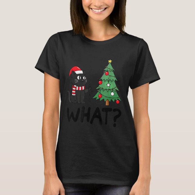 Funny Black Cat Pushing Christmas Tree Over Cat Wh T-Shirt (Front)