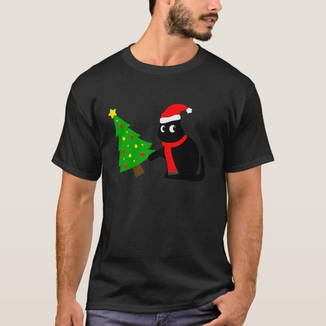 Funny Black Cat Pushing Christmas Tree Over Cat Wh T-Shirt (Front)