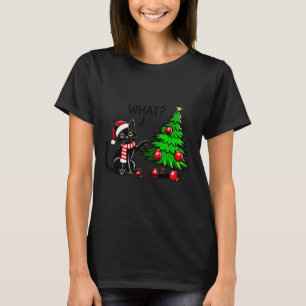 Funny Black Cat Pushing Christmas Tree Over Cat Wh T-Shirt