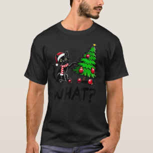 Funny Black Cat Pushing Christmas Tree Over Cat Wh T-Shirt