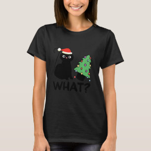 Funny Black Cat Pushing Christmas Tree Over Cat Wh T-Shirt