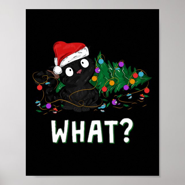 Funny Black Cat Pushing Christmas Tree Over Graphi Poster (Front)