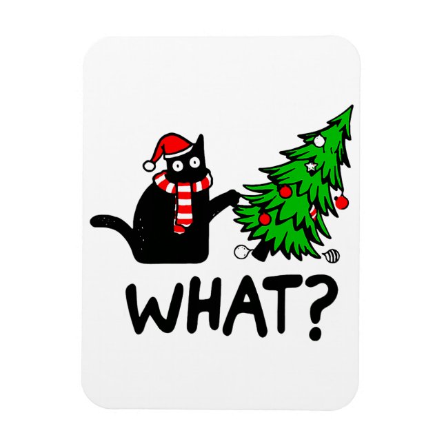 Funny Black Cat Pushing Christmas Tree Pet Lover Magnet (Vertical)