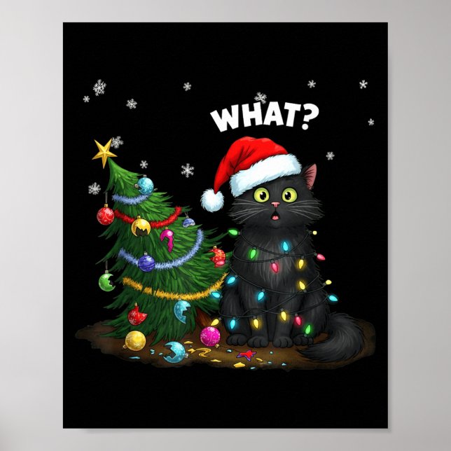 Funny Black Cat Pushing Christmas Tree  Poster (Front)